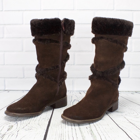LL Bean Brown Suede Leather Shearling Lined Side Zip Tall Winter Boots 8.5 M - Picture 2 of 8